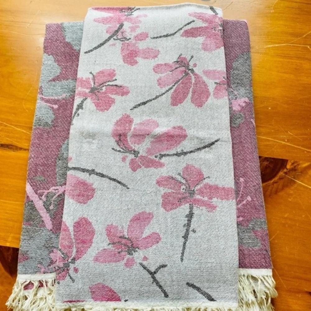 Cherry Blossoms Loom Weave 2 Side Wrap Blanket Towel Sarong Tapestry Hand Weave